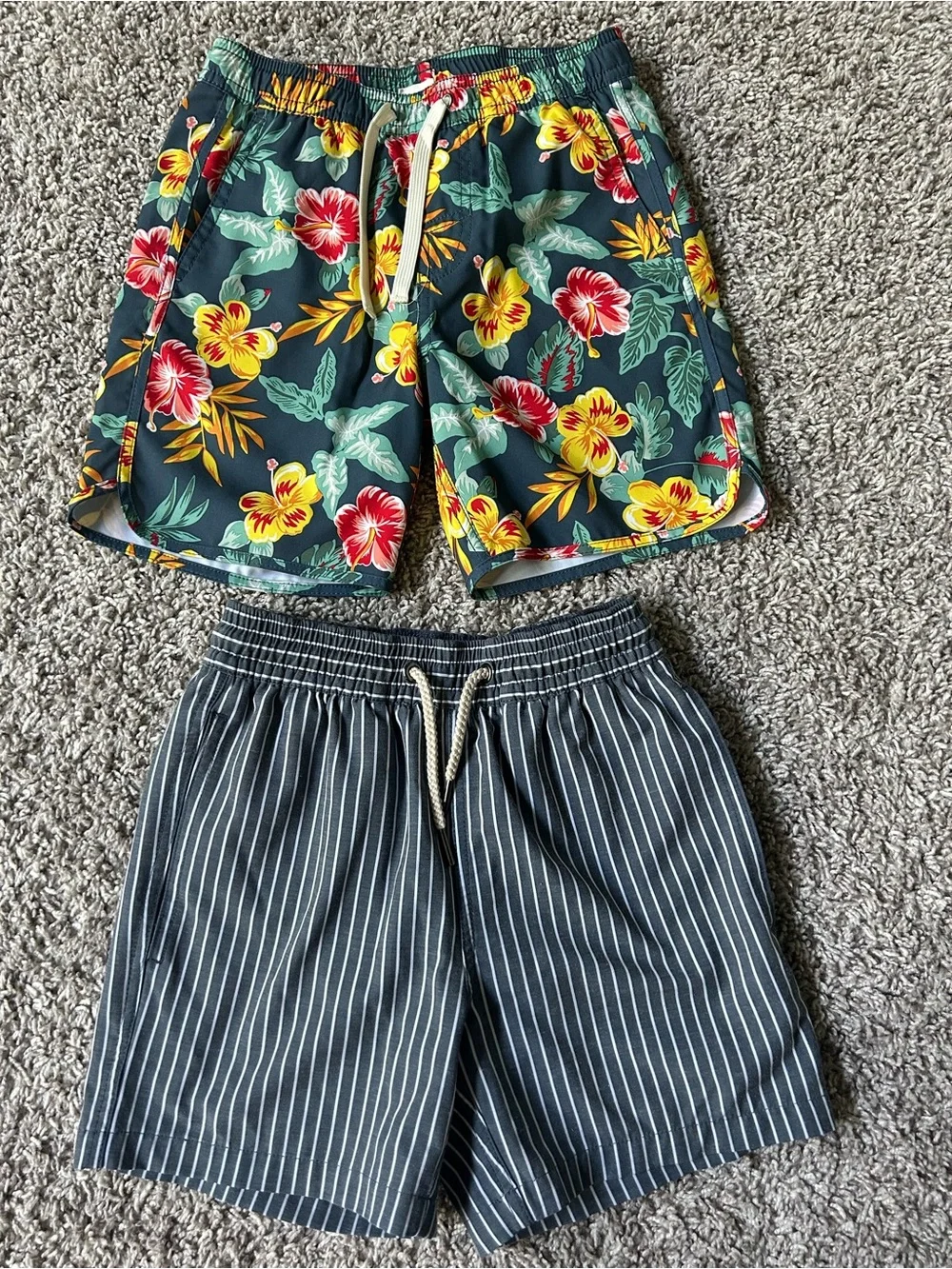 Fair Harbor Kids Swim Trunks - Floral Green with Yellow & Red, Navy Pinstripe